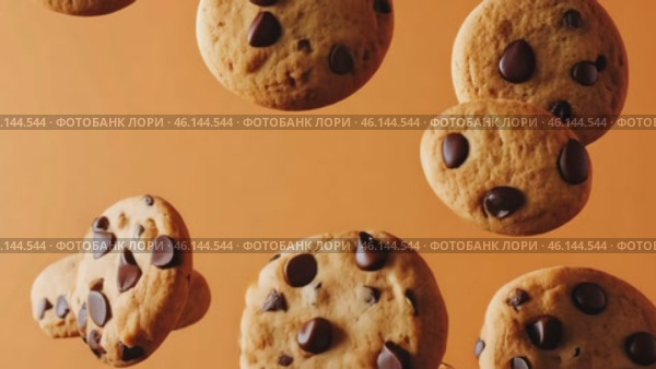 Cookies Levitation. Creative food template. Chocolate chip cookie bursting flying in midair on orange color background. Magazine, banner, advertisement. Copy text space. Falling broken biscuits. Стоковое AI-видео, аниматор Марина Демидюк / Фотобанк Лори