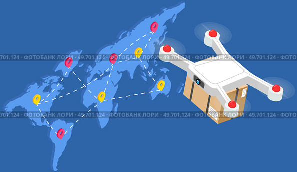 Copter delivers parcel worldwide anywhere in world, flying copter. Future technologies, quadrocopter, remote control, safe delivery service. Transportation of goods by air using modern flying equipment. Copter delivers parcel worldwide anywhere in world, flying quadrocopter for contactless delivery by airmail. Стоковая иллюстрация, агентство Ingram Publishing / Фотобанк Лори