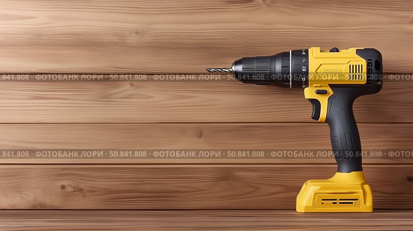 Cordless power drill on wooden surface with focus on construction tools. Стоковое AI-изображение, AI-художник Katsiaryna Repich / Фотобанк Лори