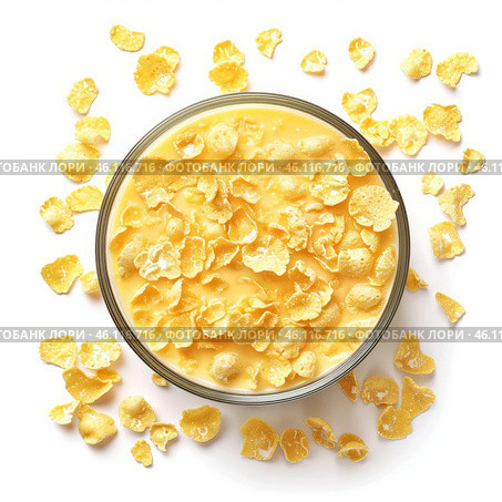 Cornflakes floating in a bowl of milk on white background. Стоковое AI-изображение, AI-художник Иван Рябоконь / Фотобанк Лори