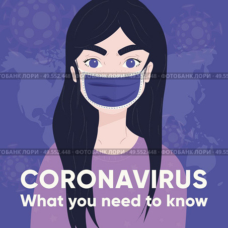 Coronavirus poster 2019-nCov with a young girl wearing a medical mask. Virus outbreak background. Flat vector illustration. Стоковая иллюстрация, агентство Ingram Publishing / Фотобанк Лори