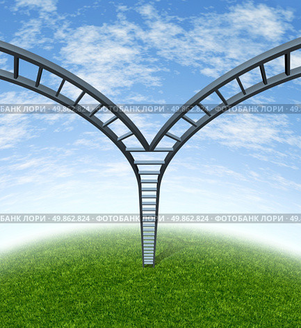 Corporate ladder decisions as a symbol of business options and financial dilemma split into two equal paths of opportunity for a business person to climb and decide the best way forward. Стоковое фото, агентство Ingram Publishing / Фотобанк Лори