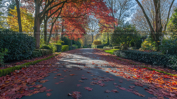 country leaves on road ai generated. Стоковое AI-изображение, AI-художник Vectorwin / Фотобанк Лори