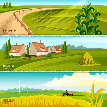 Countryside 3  Horizontal Flat Banners Set  . Countryside cropland under cultivation and farmhouses with haystack 3 horizontal flat banners set abstract isolated vector illustration. Стоковая иллюстрация, агентство Ingram Publishing / Фотобанк Лори
