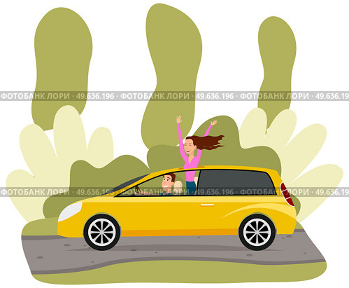 Couple driving yellow automobile. Characters in relationship in transport on background of nature landscape. Family travel car, station wagon with driver and his gitlfriend. Girl gets out of car hatch. Couple driving yellow automobile on background of nature landscape. Girl gets out of car hatch. Стоковая иллюстрация, агентство Ingram Publishing / Фотобанк Лори