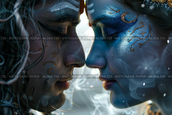 Couple embracing indian culture with artistic body painting and smoke. Стоковое AI-изображение, AI-художник Иван Рябоконь / Фотобанк Лори