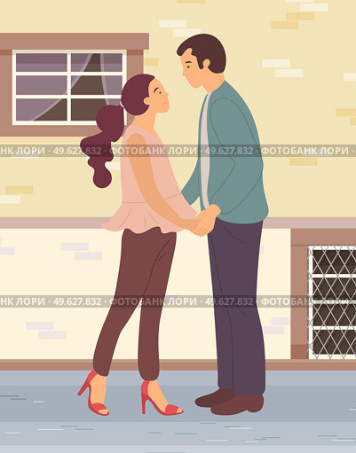 Couple in love. Man and woman embracing each other affectionately. Meeting of enamored people. Vector cartoon illustration guy and girl stand facing each other and looking at each other lovingly. Couple in love. Man and woman embracing each other affectionately. Meeting of enamored people. Стоковая иллюстрация, агентство Ingram Publishing / Фотобанк Лори