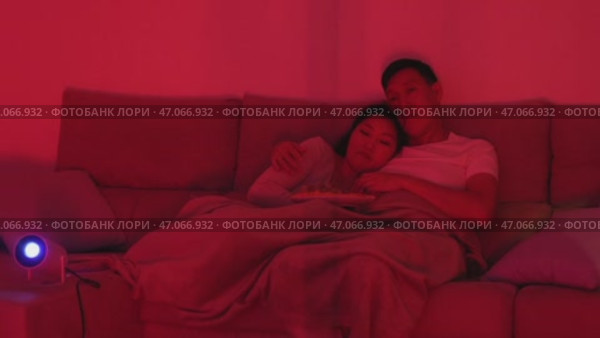 Couple watching movie on sofa under blanket with projector. Стоковое видео, видеограф Константин Шишкин / Фотобанк Лори
