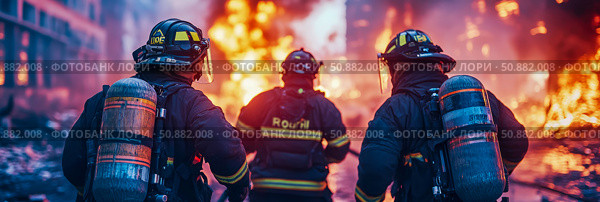 Courage Under Fire: Firefighter squad battles inferno, heroic frontline responders in blazing urban emergency scenario, design for awareness campaign. Стоковое AI-изображение, AI-художник Данила Большаков / Фотобанк Лори