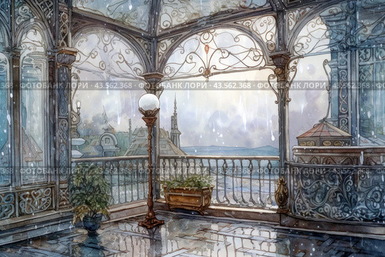 Covered terrace with elegant forged patterns on fences and columns. The terrace is open to views of the city's rooftops and building spiers, beyond which a vast horizon can be seen. The floor of the terrace is wet from the rain; reflections of fences and street lamps with round glass shades are visible on it. The setting conveys the atmosphere of calm and romance of the ancient city after the rain. Стоковое AI-изображение, AI-художник Анна Кривицкая / Фотобанк Лори
