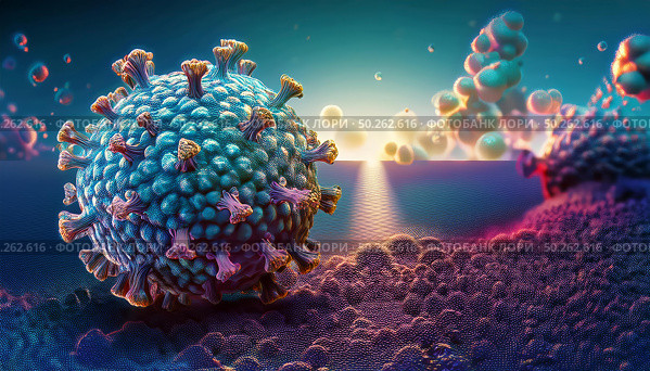 Covid virus illuminated, depicting spiked surface proteins, cellular structures, and virus particles. molecular interactions create a surreal, dynamic scientific and microscopic landscape. Стоковое AI-изображение, AI-художник Андрей Ка / Фотобанк Лори
