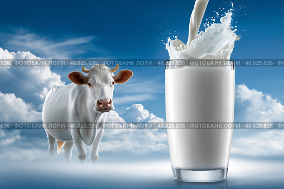 Cow standing with a glass of fresh milk against a blue sky backdrop. Спокойная корова стоит в безмятежной обстановке, а рядом стоит стакан, наполненный свежим молоком. Голубое небо и пушистые облака создают безмятежную атмосферу этой сельской сцены. Стоковое AI-изображение, AI-художник Katsiaryna Repich / Фотобанк Лори