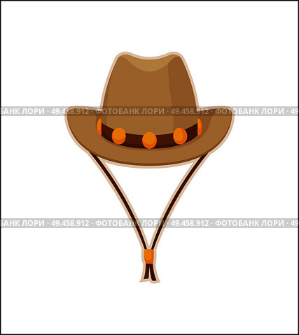 Cowboy hat american style headgear vector icon, round stylish headwear isolated on white, stetson with high crown and wide brim rope, golden elements. Cowboy Hat American Style Headwear Vector Icon. Стоковая иллюстрация, агентство Ingram Publishing / Фотобанк Лори