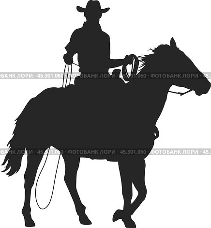 Cowboy with lasso riding a horse, isolated vector silhouette. Стоковая иллюстрация, иллюстратор Долотова Елена Викторовна / Фотобанк Лори