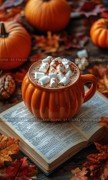 Cozy Autumn Vibes With Hot Chocolate in a Pumpkin Mug on an Open Book. Стоковое AI-изображение, AI-художник Юлия Гапеенко / Фотобанк Лори