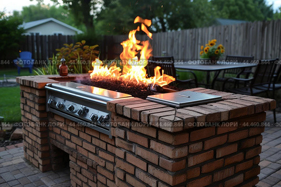 Cozy backyard barbecue pit with flaming grill. Стоковое AI-изображение, AI-художник Иван Рябоконь / Фотобанк Лори