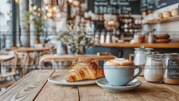 Cozy cafe scene: Latte and croissant breakfast. Warm, inviting ambiance with fresh pastry, coffee aroma, and relaxing setting. Стоковое AI-видео, аниматор Данила Большаков / Фотобанк Лори