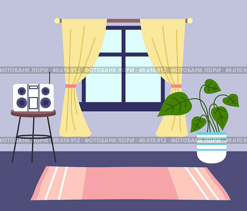 Cozy home living room interior, potted green flower, window with yellow curtains, music center, system or boombox on a stand, pink carpet on a dark blue floor. Stay home. Vector flat illustration. Home interior, window, music system, potted flower. Spending time at home. Flat vector image. Стоковая иллюстрация, агентство Ingram Publishing / Фотобанк Лори