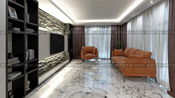 Cozy living room with orange sofas, marble flooring, black bookshelves, and stone wall decor. 3d render. living room with orange sofas, marble flooring, black bookshelves, and stone wall decor. Стоковое фото, агентство Ingram Publishing / Фотобанк Лори