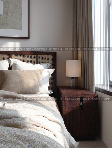 Cozy modern bedroom corner with soft neutral bedding, wooden headboard, nightstand, and lamp bathed in natural daylight through a sheer-curtained window. Стоковое AI-изображение, AI-художник Катерина Бондарец / Фотобанк Лори