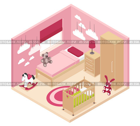 Cozy rose children room isometric interior with wardrobe bedside cabinet near bed baby cot and bunk bed vector illustration. Стоковая иллюстрация, агентство Ingram Publishing / Фотобанк Лори