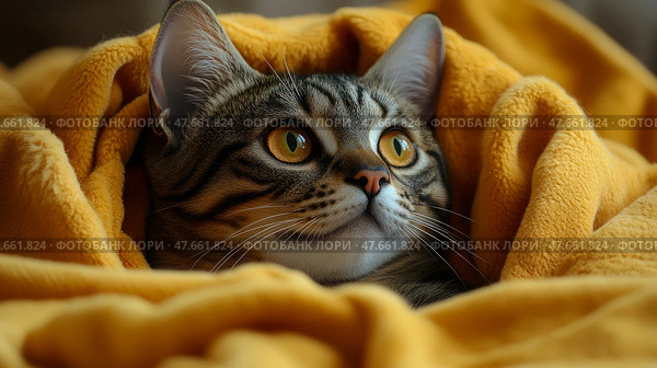 Cozy Tabby Cat Under a Mustard Yellow Blanket: A Close-Up Portrait. Стоковое AI-изображение, AI-художник Данила Большаков / Фотобанк Лори