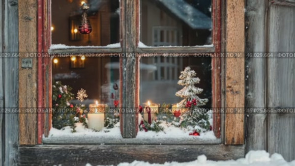 Cozy Winter Scene. Snow and a Candlelit Window, Embracing the Serenity of Season. Warm, inviting window view with Christmas lights. Snowflakes and flickering candles, perfect for winter imagery. Стоковое AI-видео, аниматор Марина Демидюк / Фотобанк Лори