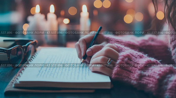 Cozy Winter Writing: A Woman's Reflection in Journaling by Candlelight, Evoking Warmth and Introspection. Стоковое AI-изображение, AI-художник Данила Большаков / Фотобанк Лори