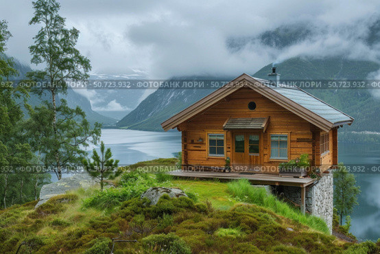 Cozy wooden cabin overlooking scenic norwegian fjord landscape. Стоковое AI-изображение, AI-художник Иван Рябоконь / Фотобанк Лори