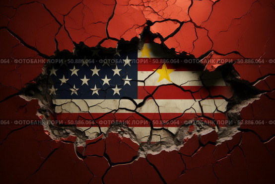 Cracked wall revealing morphing us and chinese flags symbolizing trade war. Стоковое AI-изображение, AI-художник Иван Рябоконь / Фотобанк Лори