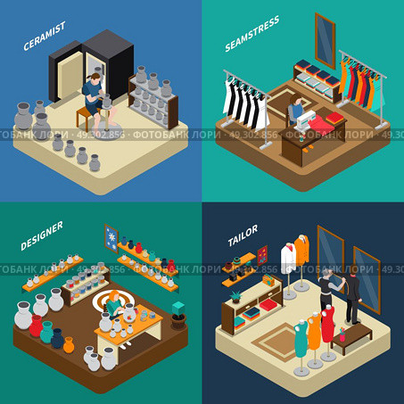 Craftsman Isometric Compositions. Craftsman isometric compositions with potter and designer with ceramics seamstress and tailor with clothing isolated vector illustration. Стоковая иллюстрация, агентство Ingram Publishing / Фотобанк Лори