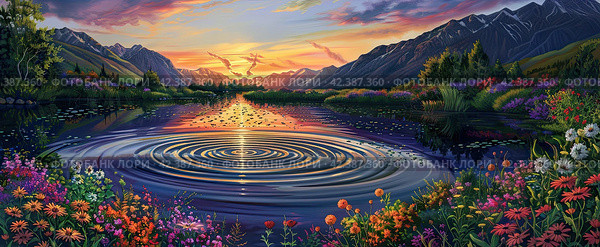 Crane Lake surrounded by bright colors reflecting the colorful sky at sunset with mountains in the background. Generated by AI. Стоковое AI-изображение, AI-художник Ярославский Максим / Фотобанк Лори