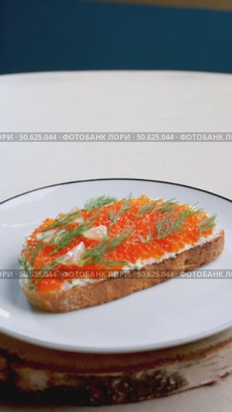 Cream cheese toast garnished with bright red caviar, delicate dill sprigs decorating crisp surface, elegantly presented on white ceramic plate with dark border. Стоковое видео, видеограф Данил Руденко / Фотобанк Лори