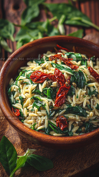 Creamy Orzo Pasta With Spinach and Sun-Dried Tomatoes in a Rustic Bowl Surrounded by Fresh Greenery. Стоковое AI-изображение, AI-художник Юлия Гапеенко / Фотобанк Лори