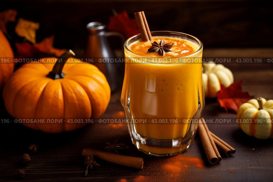 Creamy Pumpkin healthy drink glass. Generate Ai. Стоковое AI-изображение, AI-художник Иван Рябоконь / Фотобанк Лори