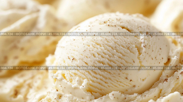 Creamy vanilla ice cream scoop resting on a textured background with flecks of vanilla bean showing delicious richness and texture. Стоковое AI-изображение, AI-художник Сергей Толмачёв / Фотобанк Лори