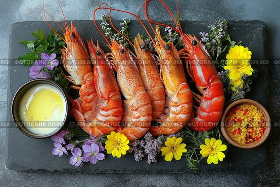 Creative seafood platter featuring vibrant shrimp and colorful garnishes. Креативная нарезка из морепродуктов с яркими креветками и красочными гарнирами. Стоковое AI-изображение, AI-художник Katsiaryna Repich / Фотобанк Лори