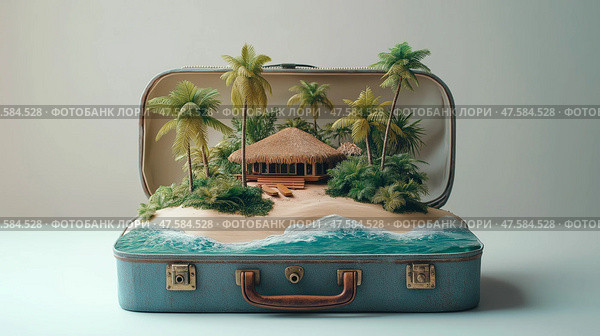 Creative suitcase design showcasing a tropical beach with palm trees. Креативный дизайн чемодана с изображением тропического пляжа с пальмами. Стоковое AI-изображение, AI-художник Katsiaryna Repich / Фотобанк Лори