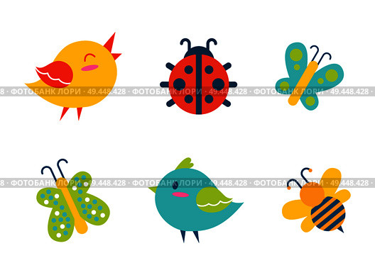 Creatures collection birds and ladybug, bee and butterflies, with colorful wings. creatures set, vector illustration isolated on white background. Creatures Collection Birds Vector Illustration. Стоковая иллюстрация, агентство Ingram Publishing / Фотобанк Лори