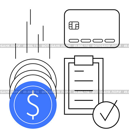 Credit card, falling coins with a dollar sign, transaction invoice clipboard, and a checkmark circle. Ideal for finance apps, budgeting, transactions, payment tracking, banking invoicing. Credit Card, Currency Coins, Transaction Invoice, and Checkbox in Financial Concept Design. Стоковая иллюстрация, агентство Ingram Publishing / Фотобанк Лори