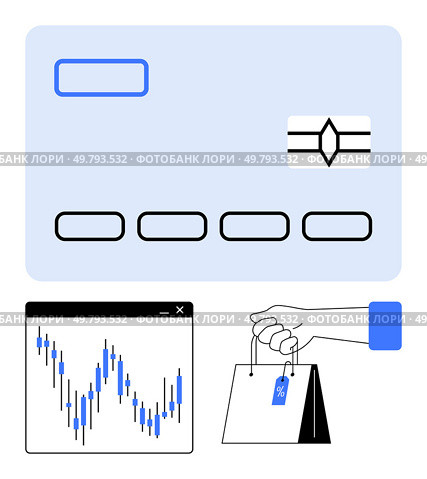 Credit card, financial chart with fluctuating data, and hand holding shopping bag with sale tag. Ideal for e-commerce, online shopping, financial analysis, retail, discount sales, economic trends. Credit Card, Financial Chart, and Shopping Bag Representing E-commerce and Online Shopping Trends. Стоковая иллюстрация, агентство Ingram Publishing / Фотобанк Лори