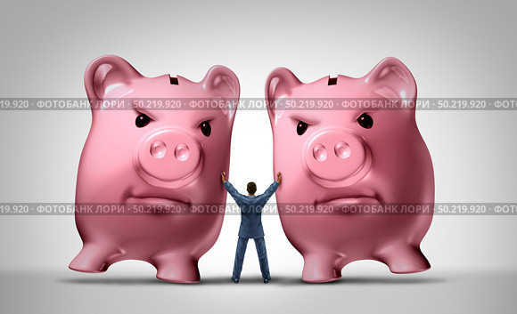 Credit crunch financial problem concept and business debt stress metaphor as a businessman pushing away dangerous piggy bank symbols with 3D illustration elements. Стоковое фото, агентство Ingram Publishing / Фотобанк Лори