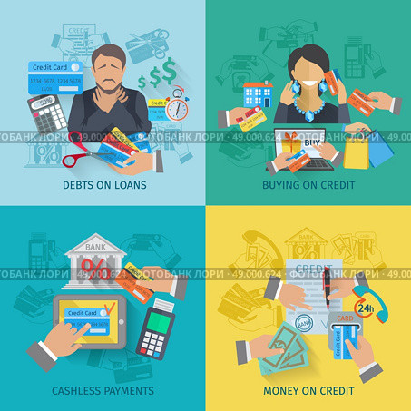 Credit life design concept set with debts on loans cashless payments flat icons isolated vector illustration. Credit Life Flat. Стоковая иллюстрация, агентство Ingram Publishing / Фотобанк Лори