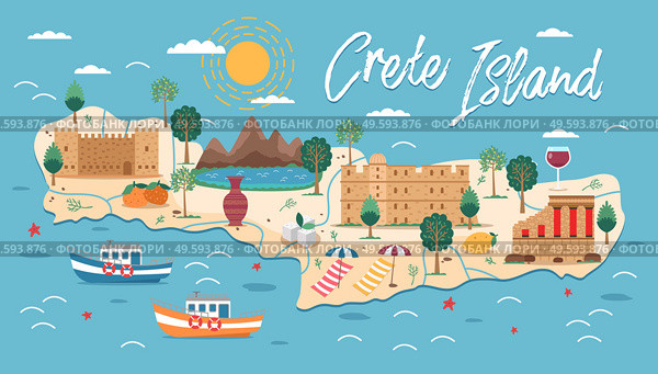 Crete island map with architecture illustration. Crete famous landmarks, city sights. Greece beach landscape. Bay of Chania, Heraklion. Greece Knossos Palace ceremonial and political centre of Minoan. Crete island map with architecture illustration. Bay of Chania, Heraklion. Greece beach landscape. Стоковая иллюстрация, агентство Ingram Publishing / Фотобанк Лори