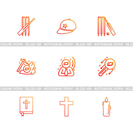 cricket , bat , cap , wicket , axe , bit coin , key , church , cross , candle , bible,  icon, vector, design,  flat,  collection, style, creative,  icons . Стоковая иллюстрация, агентство Ingram Publishing / Фотобанк Лори