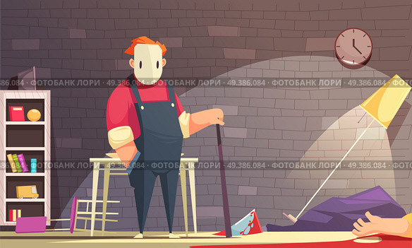 Criminal horizontal illustration with indoor room interior and human character of killer in mask and dead man vector illustration . House Murder Flat Composition. Стоковая иллюстрация, агентство Ingram Publishing / Фотобанк Лори