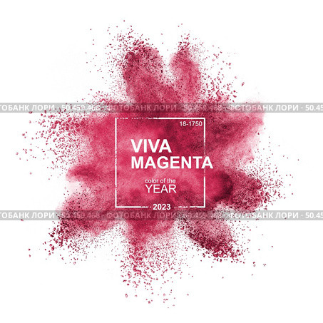 Crimson red powder splash explosion isolated on white background with Viva Magenta - Color of the Year 2023 lettering in square frame.. Viva Magenta color splash on white. Стоковое фото, агентство Ingram Publishing / Фотобанк Лори