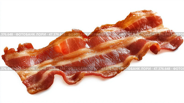 Crispy bacon strips cooked to perfection on a white surface. Хрустящие полоски бекона, приготовленные до совершенства на белой поверхности. Стоковое AI-изображение, AI-художник Katsiaryna Repich / Фотобанк Лори