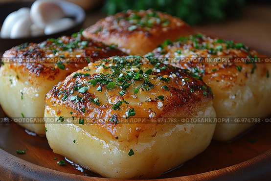 Crispy, browned cubes of potato, topped with freshly chopped herbs and coarse sea salt. The surface of the potato is slick with oil, highlighting its delicious appearance. Garlic and fresh herbs can be seen around the wooden plate, hinting at the aromatic seasoning. The dish looks rich, with a crispy crust on the outside and a soft texture on the inside. The background is slightly blurred, creating a focus on the delicious appetizer. Стоковое AI-изображение, AI-художник Анна Кривицкая / Фотобанк Лори