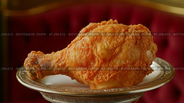 Crispy fried chicken drumstick placed on an elegant silver platter in a warm dining setting. Хрустящие жареные куриные ножки на элегантном серебряном блюде в теплой столовой обстановке. Стоковое AI-изображение, AI-художник Katsiaryna Repich / Фотобанк Лори
